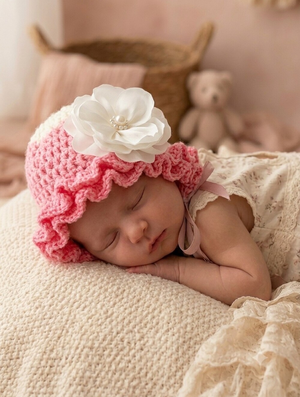 💞 Sweet Ruffles Hand-Crochet Newborn Bonnet - Picture 5 of 6